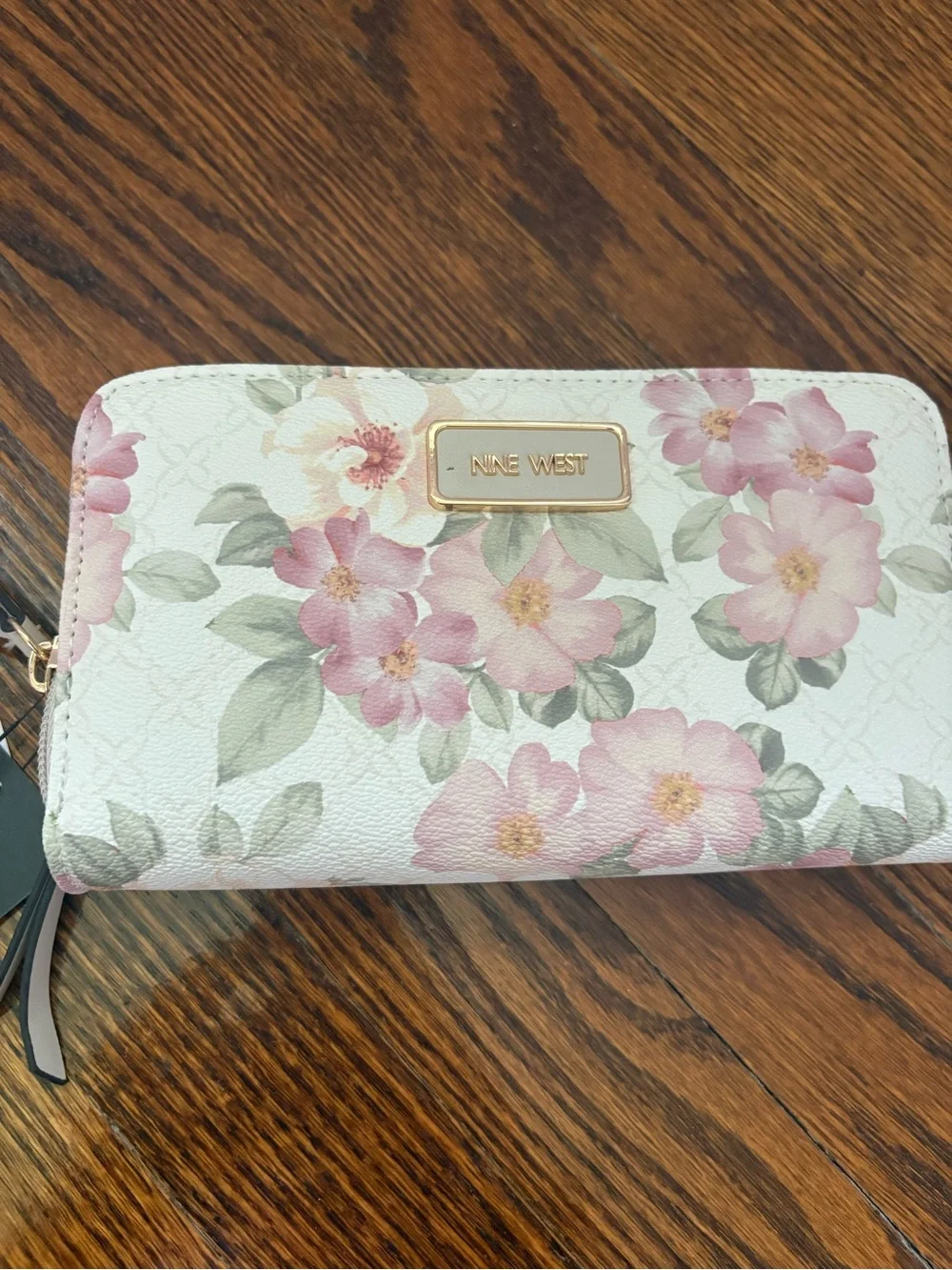 Nine West Pink Floral Zip Wallet with Gold Plaque